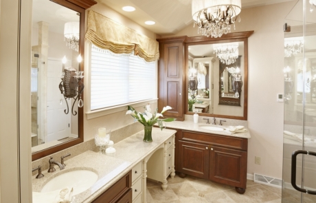 Bathroom Remodeling, large walk-in shower with frame less shower door, large tile, traditional style, quartz countertops, painted maple vanity with glazed finish