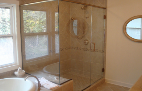 Bathroom Remodeling, large walk-in shower, frame-less shower door, drop-in tub, floor and wall tile
