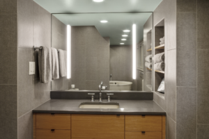 Bathroom Remodeling, Kohler soaking bathtub, shower room, no threshold shower stall, quartz countertops, tile, contemporary vanity