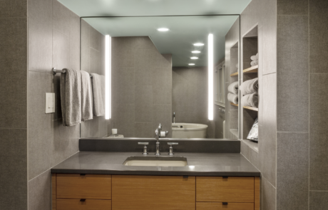 Bathroom Remodeling, Kohler soaking bathtub, shower room, no threshold shower stall, quartz countertops, tile, contemporary vanity